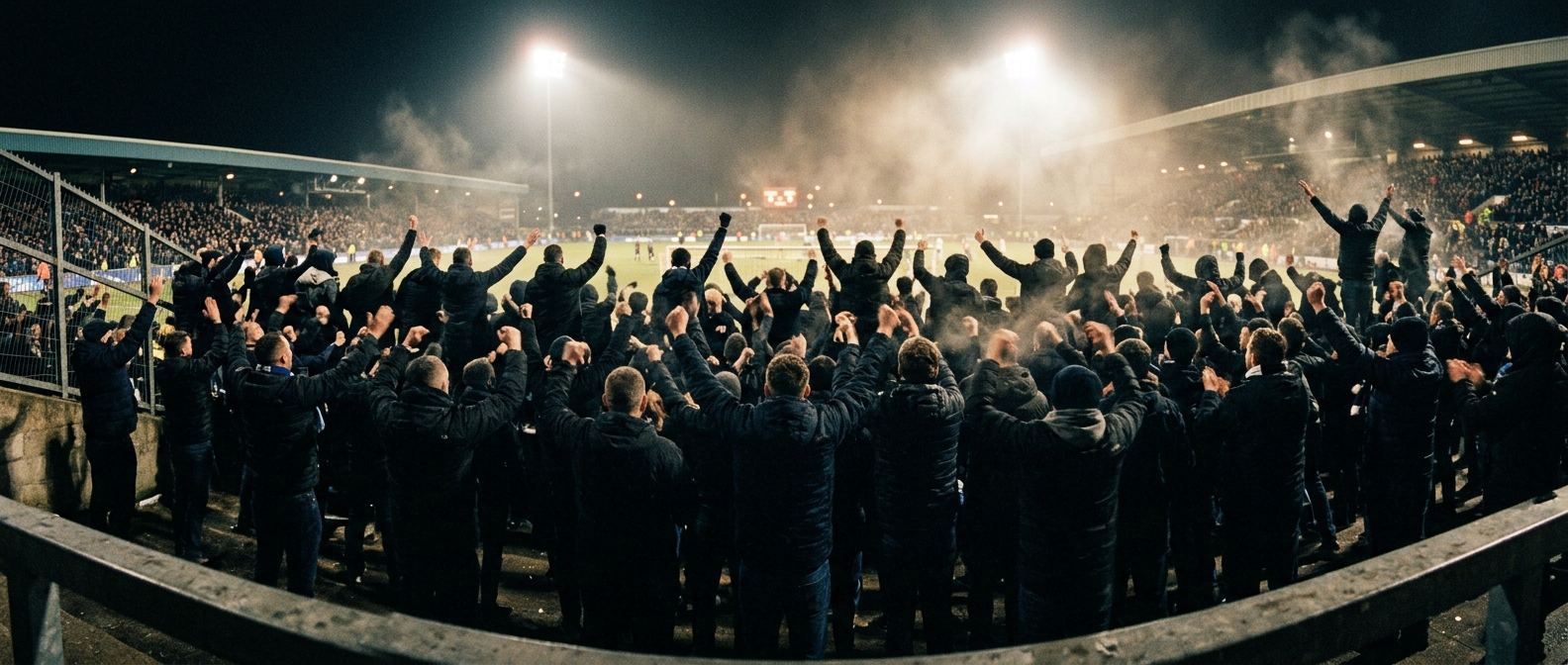 Supporters celebrating on a floodlit terrace
