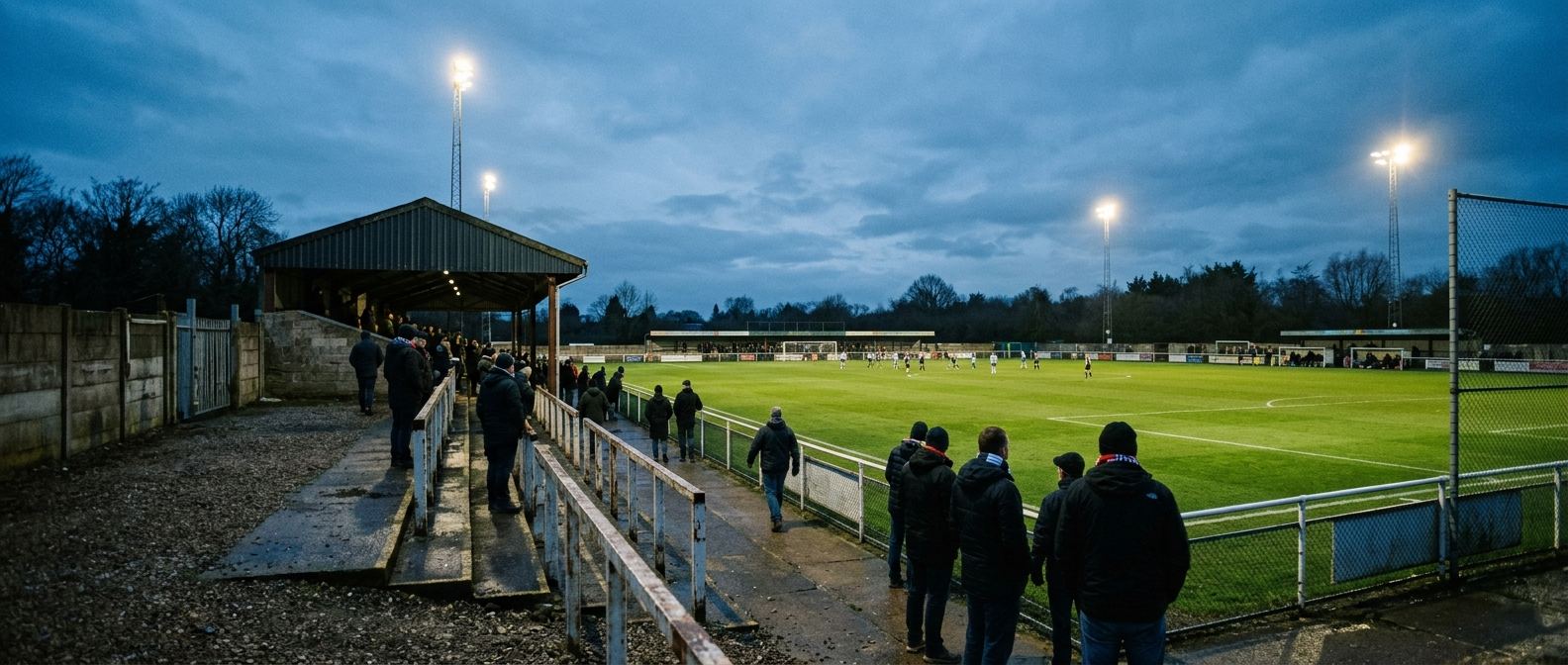 A non-league football ground under floodlights at dusk